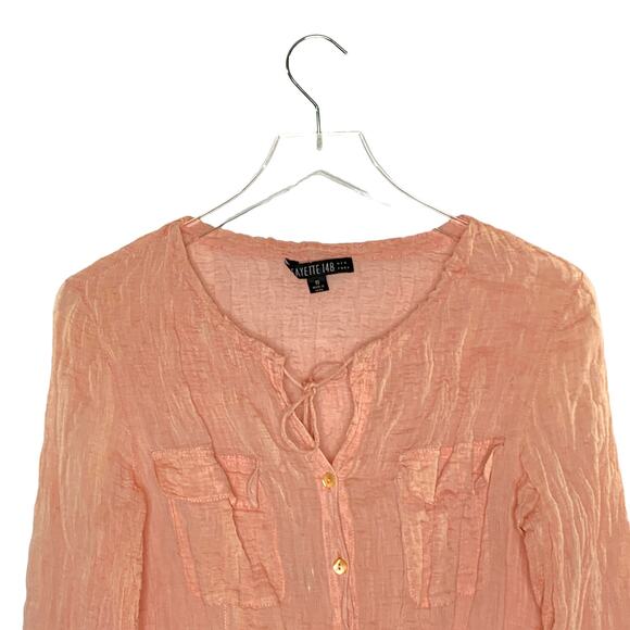 Lafayette 148 Size 10 Coral Peach Crinkle Button Front Shirt Tie Neck - Picture 4 of 8